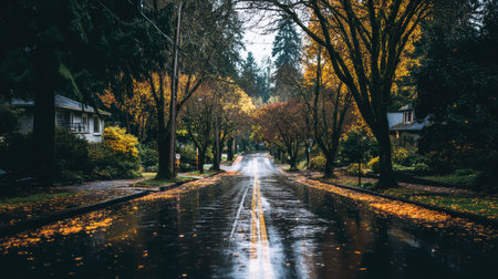 Capture the essence of autumn with this tranquil road scene featuring colorful foliage, wet pavement, and a peaceful neighborhood ambiance overcast with gentle rain.の素材