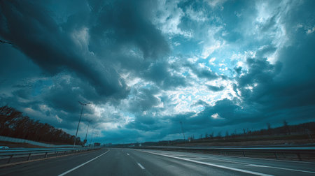A tranquil highway scene showcasing a striking sky filled with dark clouds during early evening. The image captures a moment of calmness and travel potential.の素材
