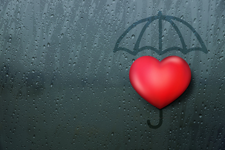 3d Red Heart and Hand Drawn of Umbrella on Glass window while Rain, Pain or Protect heartbroken from Love Conceptの写真素材