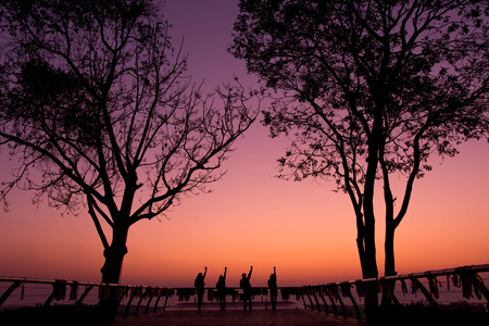 Silhouette of friend raising arm to posture during sunrise on vacation, tree as forground, travel with friends conceptの写真素材