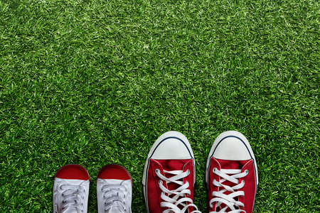 Shoes of Father and Son Lay on Green Grass in Park, Top Viewの写真素材