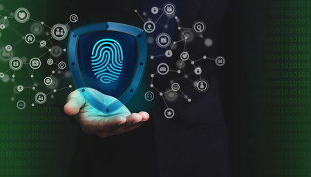 Network Security System Concept, Fingerprint inside a Shield Guard to Protected Identify or Personal...