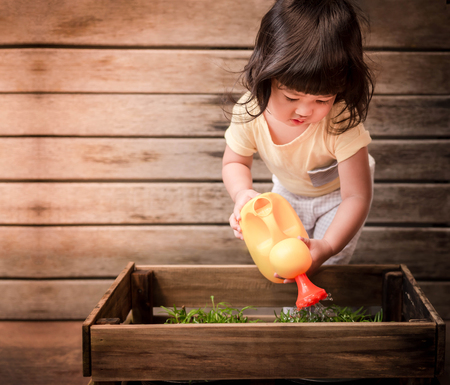 Cute Asian Girl Enjoying with Gardening Activities, A 2 Years Old Child is Watering Vegetable in Wooden Potの写真素材