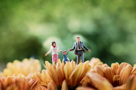Happy Family Concept. present by Miniature Figure of Father, Mother and Son with Happiness Moment. Walking on Flowers in Parkの写真素材