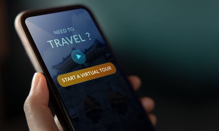 Travel and Technology Concept. Closeup of Virtual Tour Appllication on Mobile Phone. Traveling in...
