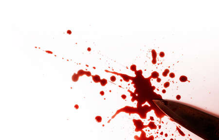Halloween Concept. Crime or Accident Scene, Knife with Red Blood lay on White backgroundの写真素材