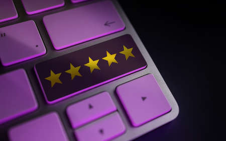 Customer Experiences Concept. Five Star Rating on Computer Keyboard. Positive Review. Satisfaction...