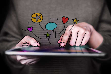 Customer Experiences Concept. Woman Using Digital Tablet to Giving Online Feedback. Positive Review. Client Satisfaction Surveys. Front View. Closeupの写真素材