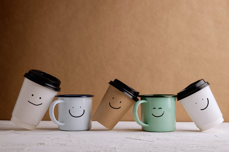 Zero Waste Products. Set of Happy Recycle Coffee Cup. Reduce Plastic Packaging. Environment, Ecology Care, Renewable Concept. Smiling Face Cartoon drawn on itの写真素材