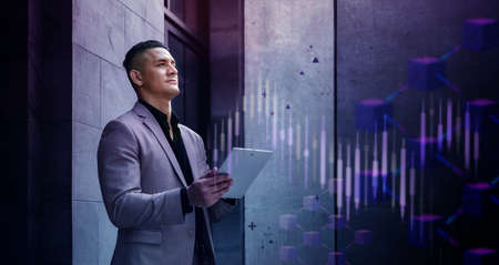Online Cryptocurrency Investment Concept. Blockchain,Fintech Technology. Vision of Smart Person....
