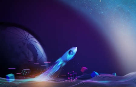Futuristic Currency Conceptual Photo. Technology of Blockchain and Crypyocurrency. Rocket Take-off ...