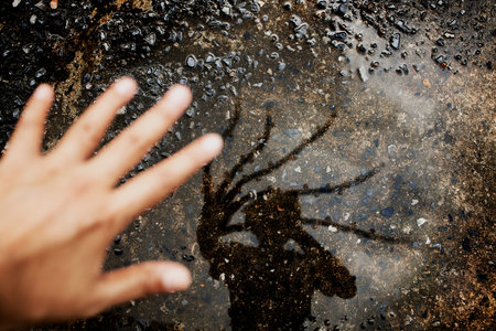 Conceptual Photo. Hello Stranger Concept. Photogrpaher taking Self Portrait by Shadow on the Ground. Strange Creepy Hand Reflects on the Floor. Top Viewの写真素材