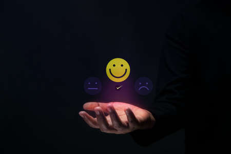 Customer Experience Concept. Happy Client giving Positive Review. Exellent Feedback for Products and...