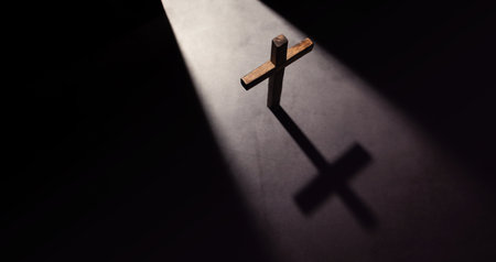 Wooden Christian Cross. Hope, Faith and Religion Concepts. Light Shading from the Opening Door. Top Viewの写真素材
