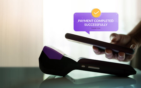 Customer making Payment via Mobile Phone. Wireless, Contactless and Touchless Technology in Business...
