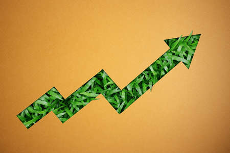 ESG, Environmental Care Concept. Craft Paper Cut as Upward Arrow Graph to show Green Grass below....