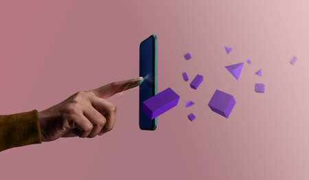 Metaverse, Web3 and Blockchain Technology Concepts. Person with an Experiences of Metaverse Virtual World via Smart Phone. Conceptual Photoの写真素材
