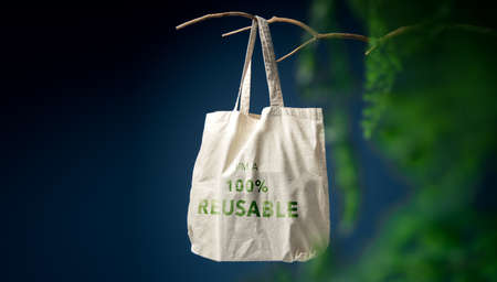Cotton Recycling Bag Hanging on Wooden Coat Rack. Zero Waste Products. Environment, Ecology Care, Renewable Conceptsの写真素材