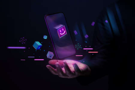 Metaverse and Blockchain Technology Concepts. Person with an Experiences of Metaverse Virtual World...