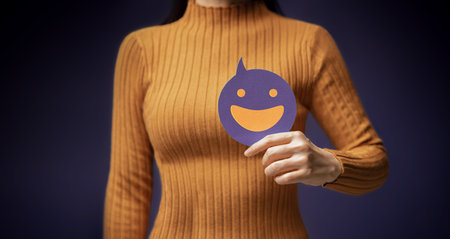 Customer Experience Concept. Happy Client giving Positive Review. Exellent Feedback for Products and Services. Client Satisfaction Surveys. Smiling Face, Mind and Mental Healthの写真素材