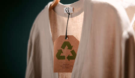 Recycling Products Concept. Organic Cotton Recycling Cloth. Zero Waste Materials. Environment Care, Reuse, Renewable for Sustainable Lifestyle. Recycle Icon show on Tagの写真素材
