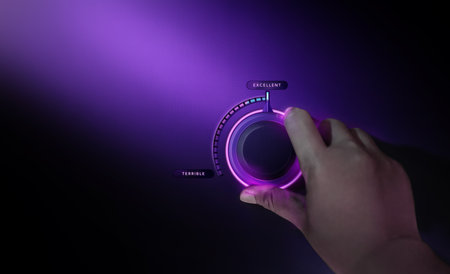 Customer Experience Concept. Happy Client Tuning Rating from Terrible to Exellent. Customer Reputation and Satisfaction. Positive Review Feedback. Closeup shot. Dark toneの写真素材