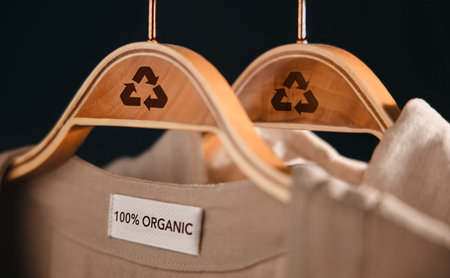 Recycling Products Concept. Organic Cotton Recycling Cloth. Zero Waste Materials. Environment Care, Reuse, Renewable for Sustainable Lifestyle. Recycle Icon show on Clothes Hangerの写真素材