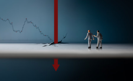 Recession, Inflation and Depression Concepts. Economic Crisis. Graph Fall Down, Business Collapse. Two Miniature Figure of Businessman Looking at a Red Graph Arrow Falling Deep Downの写真素材