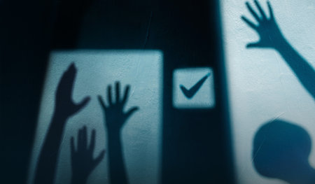 Freedom, Expression and Voting Concept. Shadow of Diversity People Rasing Hands Up for Express Human...