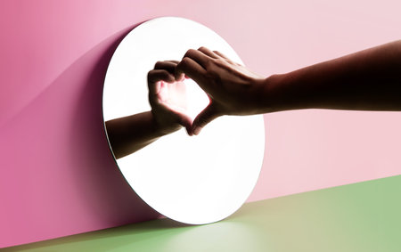 Conceptual Photo for Love and Relationship. Love Yourself. Single Person using Hand to Form a Heart Shape on the Mirror. Fill Yourself with Romance on Valentines Dayの写真素材