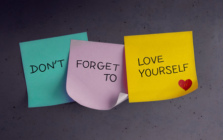 Love Yourself Concept. Note on the Wall with Good Quote. Mental Health Remind and Practice to...