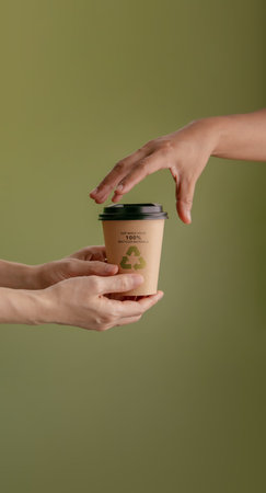 Recycled Packaging Concept. Barista Giving a Hot Cup of Coffee to customer. Zero Waste Materials. Environment Care, Reuse, Renewable for Sustainable Lifestyle. Vertical imageの写真素材