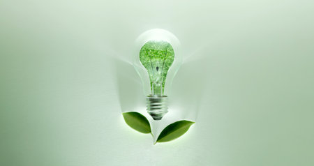 Green Energy Concepts. Wireless Light Bulb with Green Leaf as Sign of Light On. Carbon Neutral and Emission ,ESG for Clean Energy. Sustainable Resources, Renewable and Environmental Careの写真素材