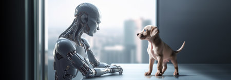 AI Technology Concepts. a Robot and a Puppy Dog Looking each other.  Real Animal and Humanoid. How the Machine Learning Learn for Deep Mind and Mental. AI Feed a Dog. AI generativeの素材