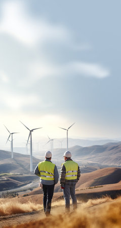 Renewable Energy Concepts. Wind Power Energy Engineer Team Working in Mountain Valley. Carbon Neutral and Emission ,ESG for Clean Energy. Sustainable Electical, Environmental Care. Vertical image. AI generativeの素材