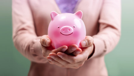 Wealth and Financial Goal Concept. the Abundance of Valuable Financial Assets or Physical Possessions or Money. Savings for Financial Freedom. Woman Holding a Pink Chubby Smiling Piggy Bank. closeup shotの写真素材