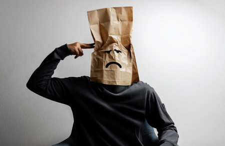 Mental Health Disorder Concept. Weak, Anxiety, Stressed Down Person. Negative Feeling. Depressed Emotional in Mind. Stessed Person covered Bag on Head.の写真素材