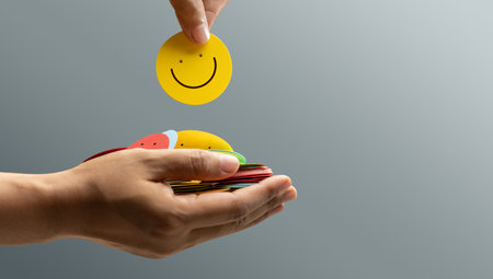 Customer Experience Concept. Happy Client giving Positive Review. Exellent Feedback for Products and Services. Client Satisfaction Surveys. Smiling Face, Mind and Mental Healthの写真素材