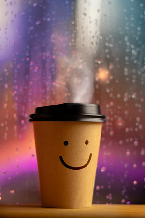 Enjoying the Harmony Life, Optimistic Mind Concept. Smiling Face on Coffee Cup. Happy Mood even if Bad Rainy Day. Serene, Balancing Mind, Soul and Spirit. Mental Health Practiceの写真素材