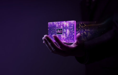 AI Technology Concept. Hand Holdings an AI CPU. Conceptual Photo. Futuristic Toneの写真素材