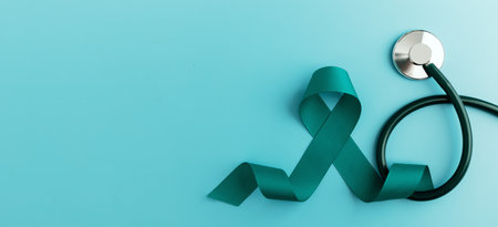 Ovarian and Cervical Cancer Awareness. a Teal Ribbonin with Stethoscope in Top View. Uterus, Female Reproductive System, Women's Health, PCOS and Gynecologyの写真素材