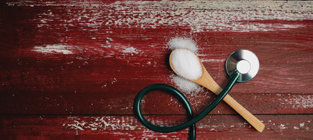 Diabetic Patients Check-up. Unhealthy Food and Beverage, Obesity. Healthy Lifestyle to Avoid too much Sugar. Granulated Sugar Spoon and a Stethoscope Lay on Red Wooden Tableの写真素材