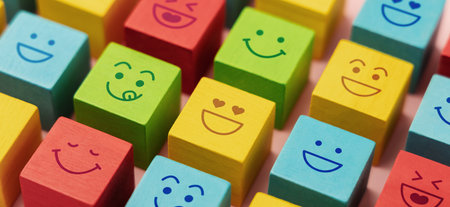 Mind and mental Health Concepts. Happy Community. World Happiness, International Smiling Day. Group of Smiling Emoticon Diversity Face on Multi-colour Cube. Closeup shotの写真素材