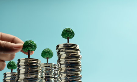 Hand putting Mini trees to growing on coin stacks symbolizing sustainable investment, green finance,...