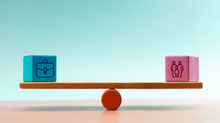 Blocks with work and family icons balanced on seesaw, symbolizing work life balance, prioritizing well-being between career and personal lifeの写真素材