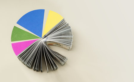 US dollar Pie Chart representing Smart portfolio allocation between cash and assets, diversified financial strategy. table top viewの写真素材