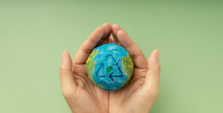 Earth in hands symbolizing sustainability, Recyling and Renewable, environmental care, Responsible Business, Top Viewの写真素材