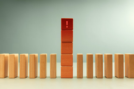 Red wooden block with exclamation mark standing among dominoes, representing warning, alert, and...