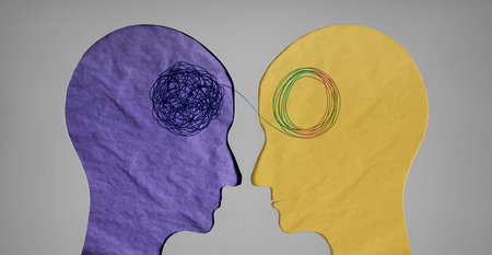 Two heads showing anxiety and relaxation reflect mental health balance, emotional struggle,...