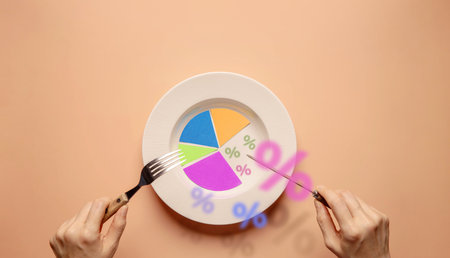 Pie chart served on plate with percentage icon, symbolizes portfolio, investment, capitalism,...